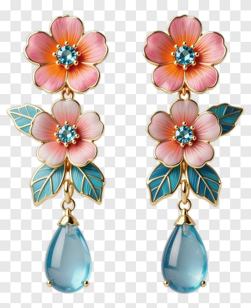 Floral Earrings With Blue Drops PNG