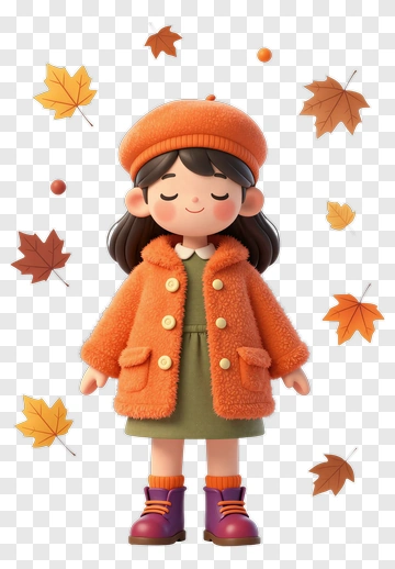 Cartoon Girl In Orange Coat Surrounded By Autumn Leaves PNG