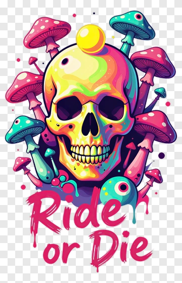 Colorful Skull Surrounded By Mushrooms With Ride Or Die Text PNG