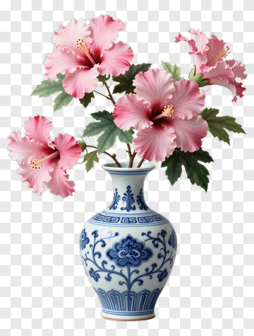Hibiscus Flowers In A Blue Vase PNG