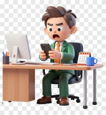 3D Businessman Sitting At Desk Using Phone PNG