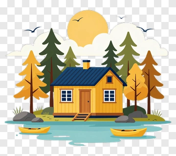 Colorful House By A Lake With Trees PNG