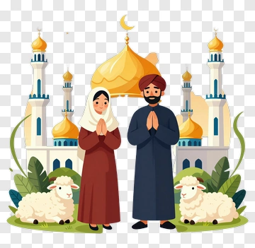 Muslim Couple Praying In Front Of Mosque PNG