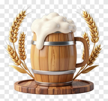 Wooden Beer Barrel With Foam And Wheat PNG