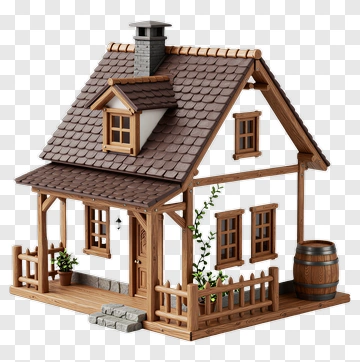 3D Wooden House With Fence And Barrel PNG