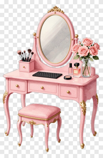 Pink Vanity Table With Mirror And Roses PNG