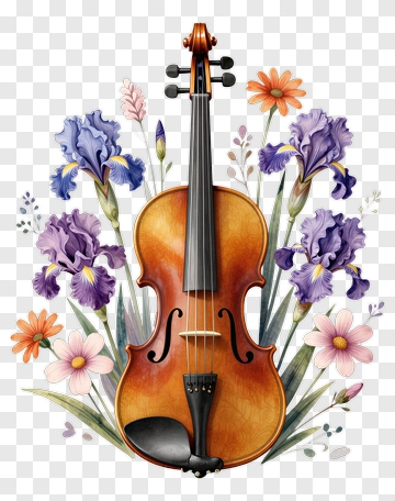 Violin Surrounded By Colorful Flowers PNG