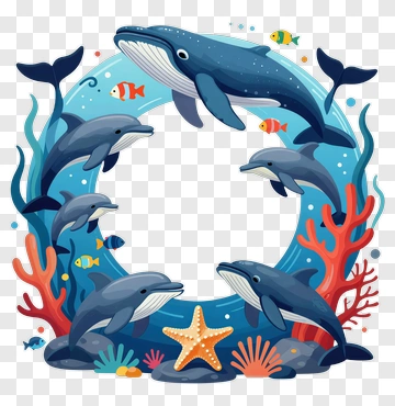 Colorful Underwater Scene With Whales And Dolphins PNG
