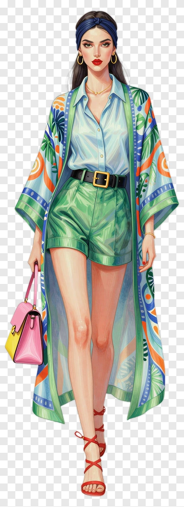Fashion Model Wearing A Colorful Kimono And Summer Outfit PNG