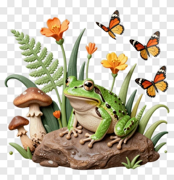 Frog Sitting On A Rock Surrounded By Flowers And Butterflies PNG