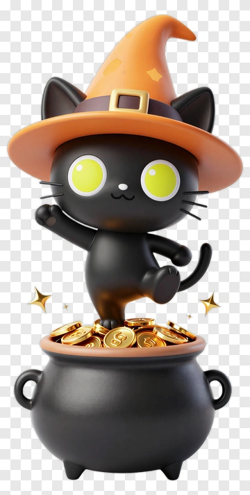 Cartoon Black Cat Standing On A Halloween Cauldron PNG