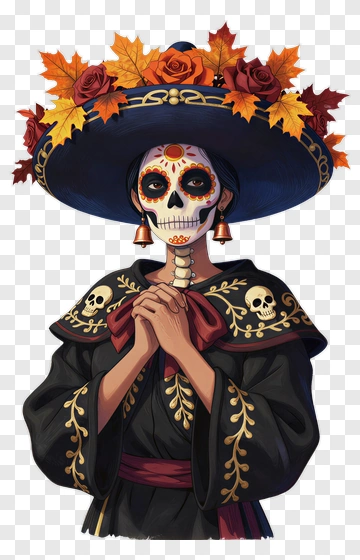 Colorful Day Of The Dead Woman With Floral Hat PNG
