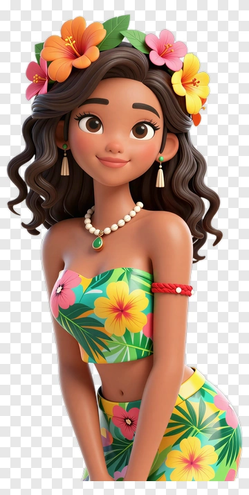 Cartoon Polynesian Girl With Floral Accessories PNG