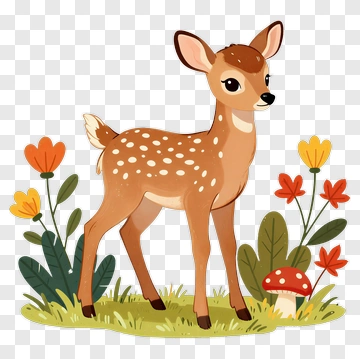 Cartoon Fawn Standing In A Floral Meadow PNG