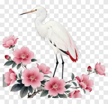 White Heron Standing Among Pink Flowers PNG