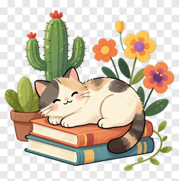 Cartoon Cat Sleeping On A Stack Of Books PNG