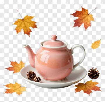 Pink Teapot With Autumn Leaves And Pine Cones PNG