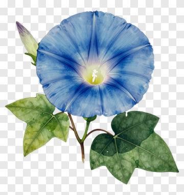 Watercolor Blue Flower With Green Leaves PNG