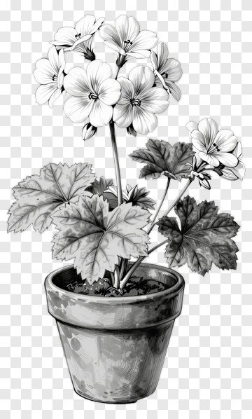 Black And White Flower Pot With Geraniums PNG