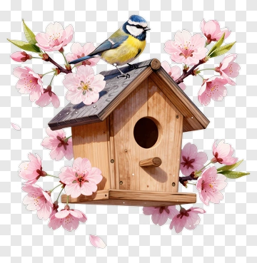 Birdhouse With Blue Tit And Cherry Blossoms PNG