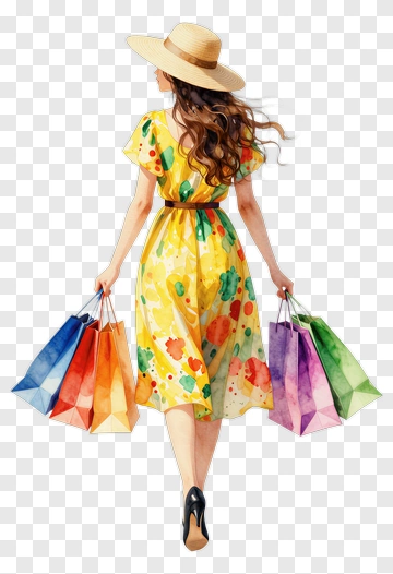 Woman In Yellow Dress Carrying Shopping Bags PNG