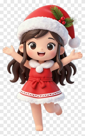Christmas Girl In Red Dress And Santa Hat PNG