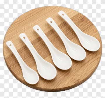 Set Of White Ceramic Spoons On Wooden Board PNG