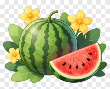 Watermelon With Flowers And Leaves PNG