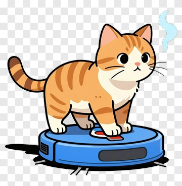 Cartoon Cat Standing On A Vacuum Cleaner PNG