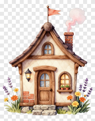 Whimsical Cottage With Flowers And Smoke PNG