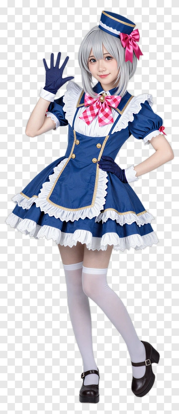 Cosplay Maid In Blue Dress Waving PNG