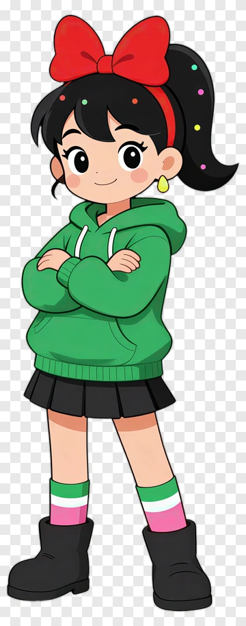 Cartoon Girl In Green Hoodie And Skirt PNG