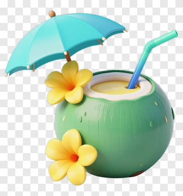 Colorful Coconut Drink With Umbrella And Flowers PNG