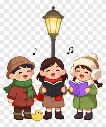 Cartoon Children Singing Together Under A Street Lamp PNG