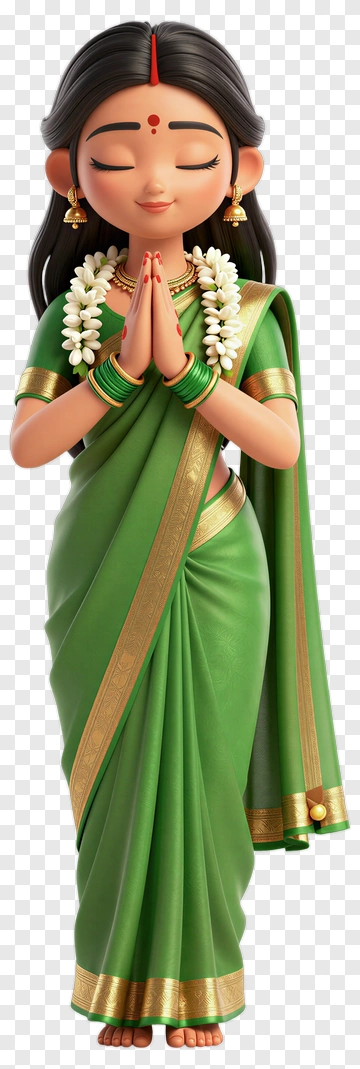 Cartoon Woman In Green Saree With Praying Gesture PNG