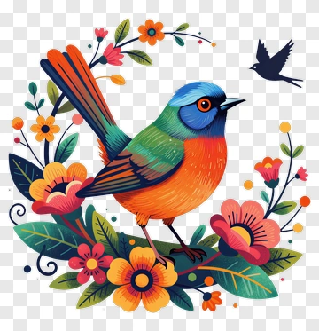 Colorful Bird Among Flowers PNG