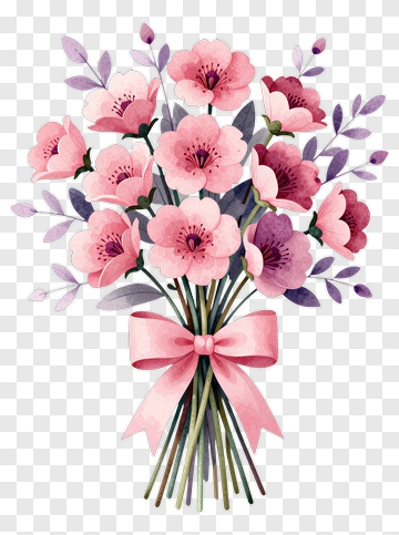 Watercolor Flower Bouquet With Pink Ribbon PNG