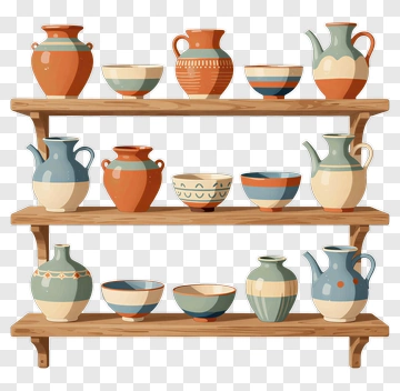 Colorful Pottery Display On Wooden Shelves PNG