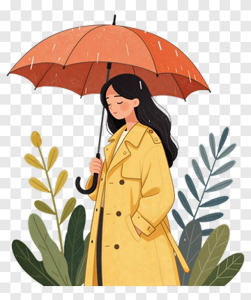 Woman Holding An Umbrella In A Yellow Raincoat PNG