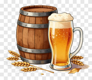 Beer Barrel And Glass Of Beer With Wheat PNG