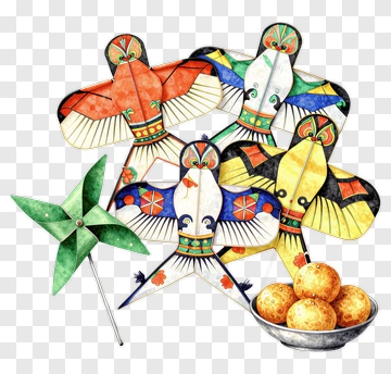 Colorful Paper Kites With Oranges And Pinwheel PNG