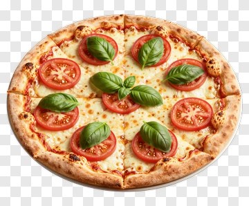Pizza With Tomato Slices And Basil Leaves PNG