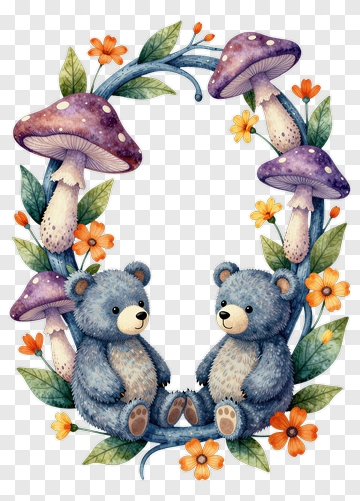 Cute Bears Surrounded By Flowers And Mushrooms PNG