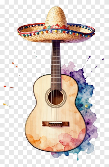 Guitar With Sombrero And Watercolor Splashes PNG
