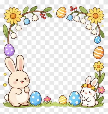 Cartoon Easter Bunnies With Colorful Eggs And Flowers PNG