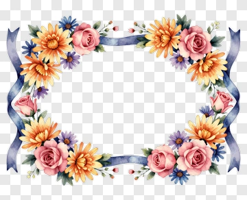 Floral Frame With Pink Roses And Orange Daisies PNG