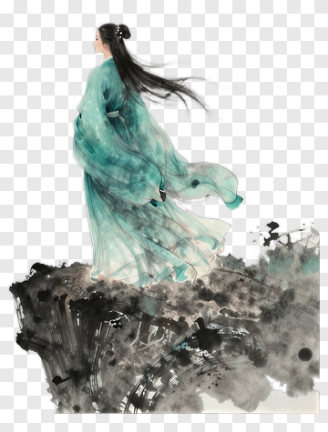 Woman In Flowing Blue Dress Standing On A Rock PNG