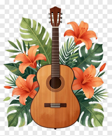 Guitar Surrounded By Tropical Flowers PNG
