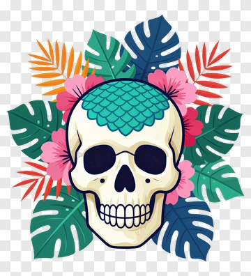 Colorful Skull Surrounded By Tropical Leaves And Flowers PNG