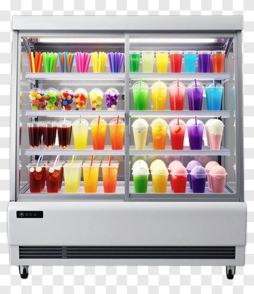 Colorful Beverage Display With Ice Cream And Drinks PNG
